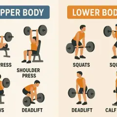 Trainingsplan 3 mal die Woche: Oberkörper-Übungen (Bankdrücken, Schulterdrücken, Rudern) und Unterkörper-Übungen (Kniebeugen, Kreuzheben, Wadenheben).