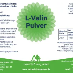 Nahrungsergänzungsmittel L-Valin Pulver, 100g. Empfehlung: 2x täglich 1 Messlöffel (800mg). Die L-Valin Wirkung wird durch die Einnahme unterstützt.
