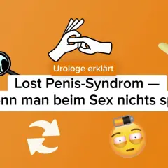 Urologe erklärt das Lost Penis-Syndrom: Wenn der penis wird schlaff beim sex und man nichts spürt. Symbole für Mann und Frau, müde Augen, leere Batterie.
