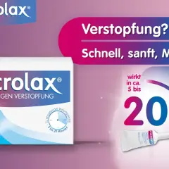 Schnell, sanft gegen Verstopfung: Microlax wirkt in ca. 5 bis 20 Minuten. Die Packung zeigt das Produkt und seine schnelle Wirkung.