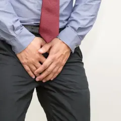Mann mit Händen vor dem Schritt, der sich unwohl fühlt. Mögliche Ursachen für Blut im Sperma und Hausmittel.