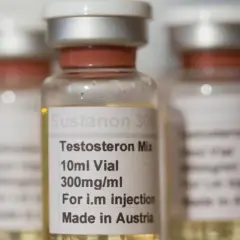 Vials of Sustanon 300, a Testosteron Mix, are shown. This substance is used for intramuscular injection and is made in Austria.