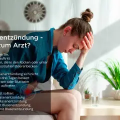 Junge Frau mit Hand am Kopf, leidet unter Schmerzen und Problemen beim Wasserlassen. Text erklärt, wann ärztliche Hilfe bei Blasenentzündung nötig ist.