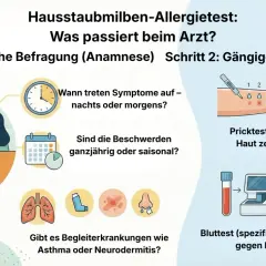 Arztgespräch und Tests (Pricktest, Bluttest) klären, was tun bei Hausstauballergie. Symptome, Dauer und Begleiterkrankungen werden erfragt.