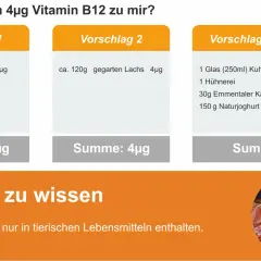 Drei Vorschläge, wie man 4µg Vitamin B12 zu sich nimmt: Rindfleisch, Lachs oder eine vegetarische Kombination aus Milchprodukten und Ei.