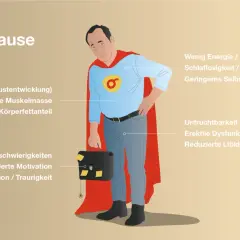 Ein Mann im Superhelden-Kostüm, der die Symptome der Andropause (Wechseljahre beim Mann) wie geringe Energie, erektile Dysfunktion und geringeres Selbstvertrauen darstellt.