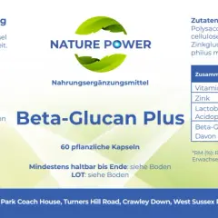 Nahrungsergänzungsmittel "Beta-Glucan Plus" mit 60 pflanzlichen Kapseln. Enthält Beta-Glucan aus Hefe, Vitamin C und Zink.