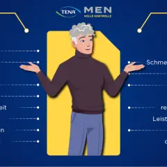 Mann mit wenig Druck beim Wasserlassen. Ursachen wie Alter, Übergewicht und Rauchen. Anzeichen: Schmerzen, Harninkontinenz.