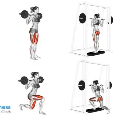 Frauen führen reverse lunges mit Hanteln und Langhantel aus. Männer machen Ausfallschritte im Smith Machine und mit Langhantel.