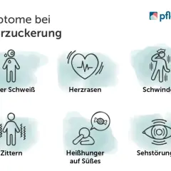 Grafik zeigt Symptome bei Unterzuckerung: kalter Schweiß, Herzrasen, Schwindel, Zittern, Heißhunger auf Süßes, Sehstörungen. Wichtig bei Diabetes Typ 1 Symptome erkennen.