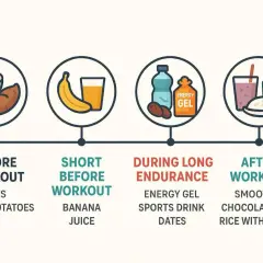 Kohlenhydrate sind wichtig für Energie. Die Grafik zeigt, was man vor, während und nach dem Training essen kann: Haferflocken, Banane, Energy Gel, Smoothie.