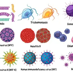 Abbildungen von Syphilis, Trichomoniasis, Gonorrhöe, HPV, Hepatitis B, Chlamydien, HHV-8, HIV und Herpes. Manche Geschlechtskrankheiten sind nicht heilbar.