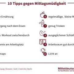 10 Tipps gegen Mittagsmüdigkeit: richtige Ernährung, Spaziergang, Workout, Ergonomie, Powernaps, kleine Mahlzeiten, Trinken, Schlafrhythmus, Lüften, Licht an.