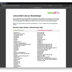 Tabelle mit Lebensmitteln und ihrem Nickelgehalt für eine nickelarme Ernährung. Enthält Listen von geeignetem und nickelhaltigem Gemüse, Salat, Kräutern, Hülsenfrüchten und Pilzen.