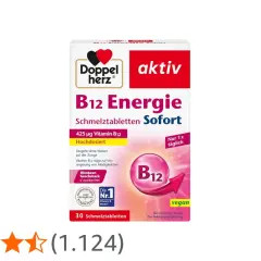 Doppelherz B12 Energie Schmelztabletten: Die positive Vitamin B12 Wirkung zur Verringerung von Müdigkeit. Himbeergeschmack, zuckerfrei.