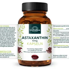Unimedica Astaxanthin 4mg Kapseln: Natürliches Astaxanthin von AstaPure® aus der Mikroalge Haematococcus pluvialis. Die Astaxanthin wirkung wird durch die Inhaltsstoffe unterstützt.