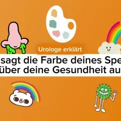 Ein Urologe erklärt, wie sieht Sperma aus? Die Farbe des Spermas kann Hinweise auf die Gesundheit geben. Illustrationen von Spermien, einer Nase mit grüner Flüssigkeit, einer Farbpalette und einem Virus.