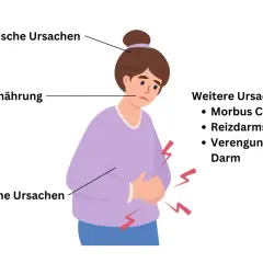 Frau mit Bauchschmerzen, Ursachen: psychisch, Ernährung, körperlich, Morbus Crohn. Viel pupsen gesund, wenn der Darm funktioniert.