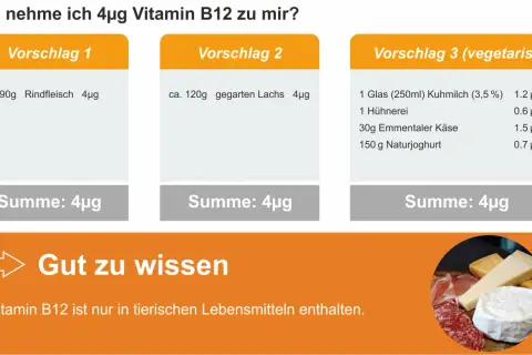 Drei Vorschläge, wie man 4µg Vitamin B12 zu sich nimmt: Rindfleisch, Lachs oder eine vegetarische Kombination aus Milchprodukten und Ei.
