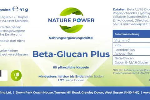 Nahrungsergänzungsmittel "Beta-Glucan Plus" mit 60 pflanzlichen Kapseln. Enthält Beta-Glucan aus Hefe, Vitamin C und Zink.