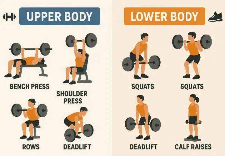 Trainingsplan 3 mal die Woche: Oberkörper-Übungen (Bankdrücken, Schulterdrücken, Rudern) und Unterkörper-Übungen (Kniebeugen, Kreuzheben, Wadenheben).