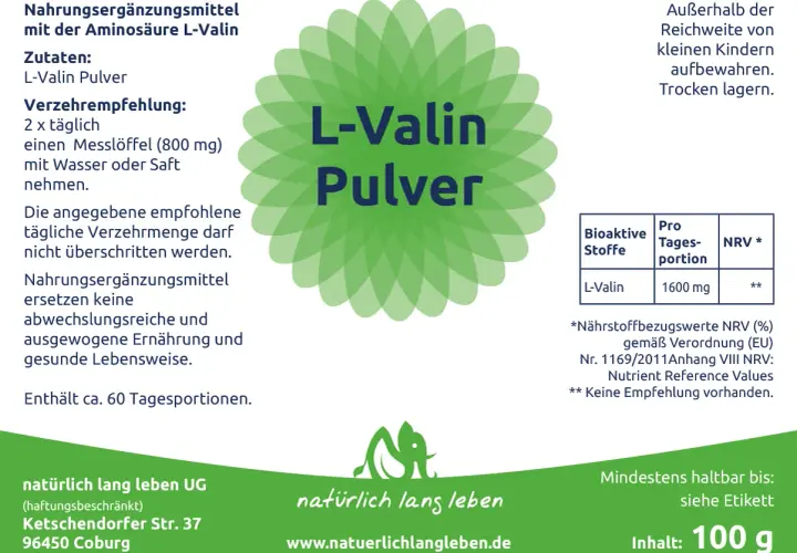 Nahrungsergänzungsmittel L-Valin Pulver, 100g. Empfehlung: 2x täglich 1 Messlöffel (800mg). Die L-Valin Wirkung wird durch die Einnahme unterstützt.