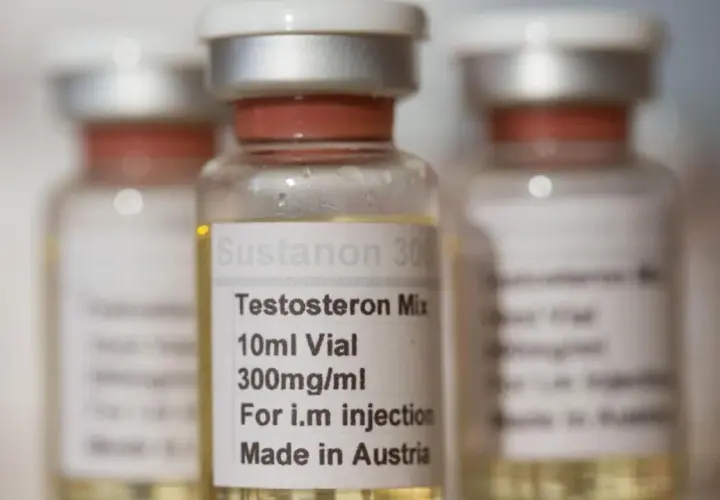 Vials of Sustanon 300, a Testosteron Mix, are shown. This substance is used for intramuscular injection and is made in Austria.