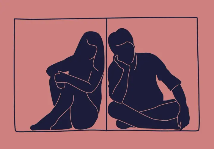 Zwei Silhouetten, Mann und Frau, sitzen Rücken an Rücken in einem Raum. Sie praktizieren den "silent treatment", jeder in seiner eigenen Welt.