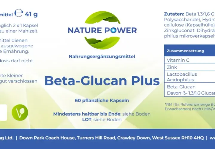 Nahrungsergänzungsmittel "Beta-Glucan Plus" mit 60 pflanzlichen Kapseln. Enthält Beta-Glucan aus Hefe, Vitamin C und Zink.