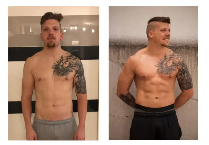 Mann mit Tattoos vor und nach dem **gesund zunehmen**. Deutlich definierte Muskeln im rechten Bild.