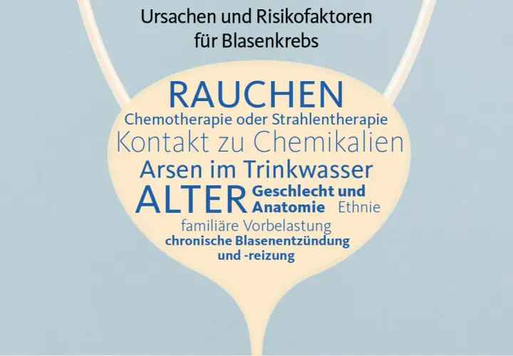 Risikofaktoren für Blasenkrebs: Rauchen, Chemotherapie, Arsen im Trinkwasser, Alter, Geschlecht, familiäre Vorbelastung, chronische Blasenentzündung. Symptome können vielfältig sein.