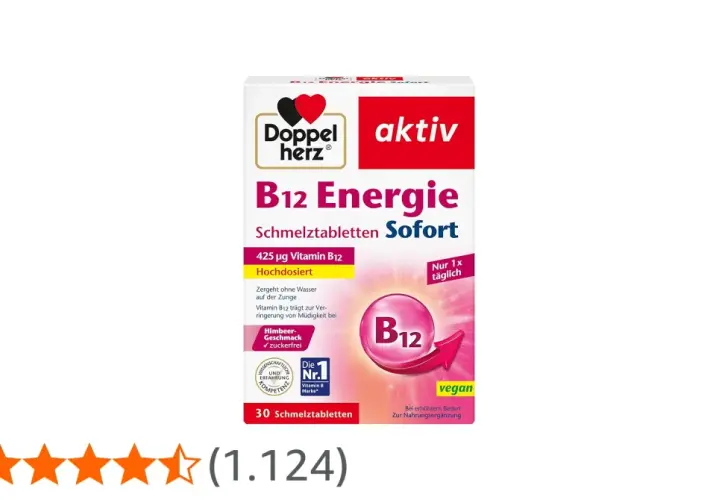 Doppelherz B12 Energie Schmelztabletten: Die positive Vitamin B12 Wirkung zur Verringerung von Müdigkeit. Himbeergeschmack, zuckerfrei.