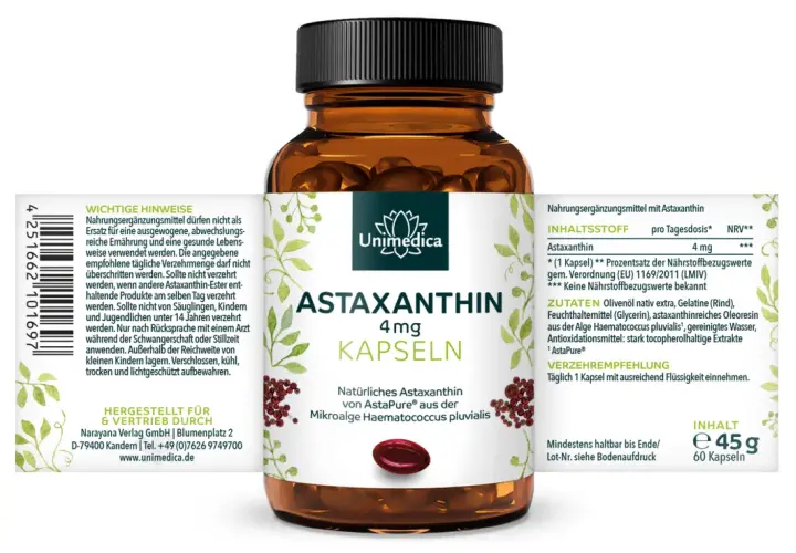 Unimedica Astaxanthin 4mg Kapseln: Natürliches Astaxanthin von AstaPure® aus der Mikroalge Haematococcus pluvialis. Die Astaxanthin wirkung wird durch die Inhaltsstoffe unterstützt.