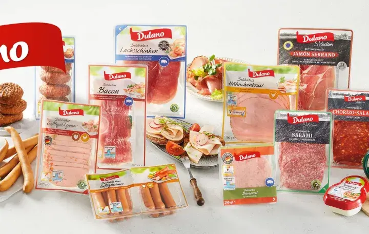 Dulano Wurstwaren: eine Auswahl an fettarmen Wurst-Produkten, darunter Geflügel-Lyoner, Lachsschinken und Hähnchenbrust.