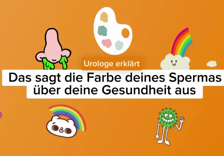 Ein Urologe erklärt, wie sieht Sperma aus? Die Farbe des Spermas kann Hinweise auf die Gesundheit geben. Illustrationen von Spermien, einer Nase mit grüner Flüssigkeit, einer Farbpalette und einem Virus.