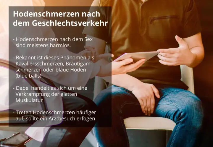 Mann mit Tablet erklärt, was sind Kavaliersschmerzen: Hoden- oder Bräutigamschmerzen nach Sex, meist harmlos, durch Muskelverkrampfung. Bei häufigem Auftreten Arzt aufsuchen.