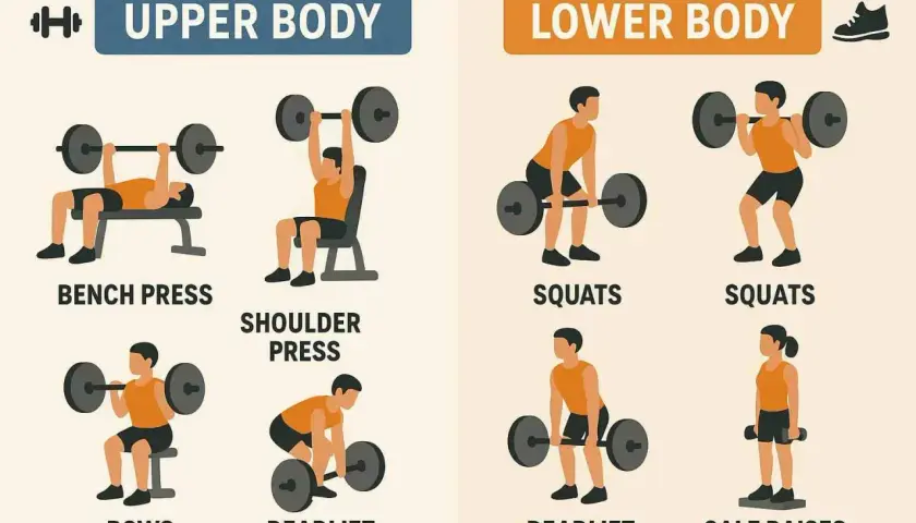 Trainingsplan 3 mal die Woche: Oberkörper-Übungen (Bankdrücken, Schulterdrücken, Rudern) und Unterkörper-Übungen (Kniebeugen, Kreuzheben, Wadenheben).