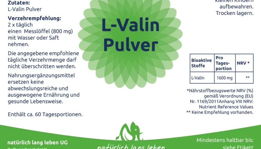 Nahrungsergänzungsmittel L-Valin Pulver, 100g. Empfehlung: 2x täglich 1 Messlöffel (800mg). Die L-Valin Wirkung wird durch die Einnahme unterstützt.