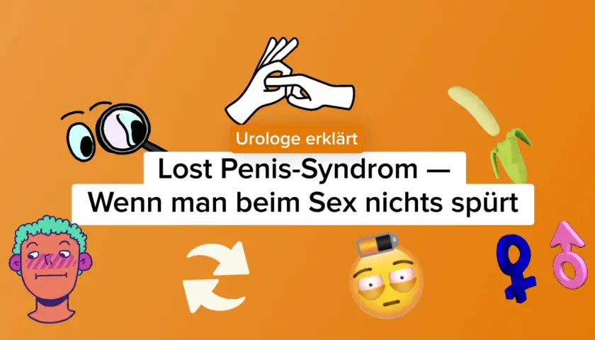 Urologe erklärt das Lost Penis-Syndrom: Wenn der penis wird schlaff beim sex und man nichts spürt. Symbole für Mann und Frau, müde Augen, leere Batterie.