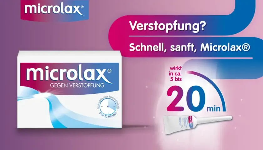 Schnell, sanft gegen Verstopfung: Microlax wirkt in ca. 5 bis 20 Minuten. Die Packung zeigt das Produkt und seine schnelle Wirkung.