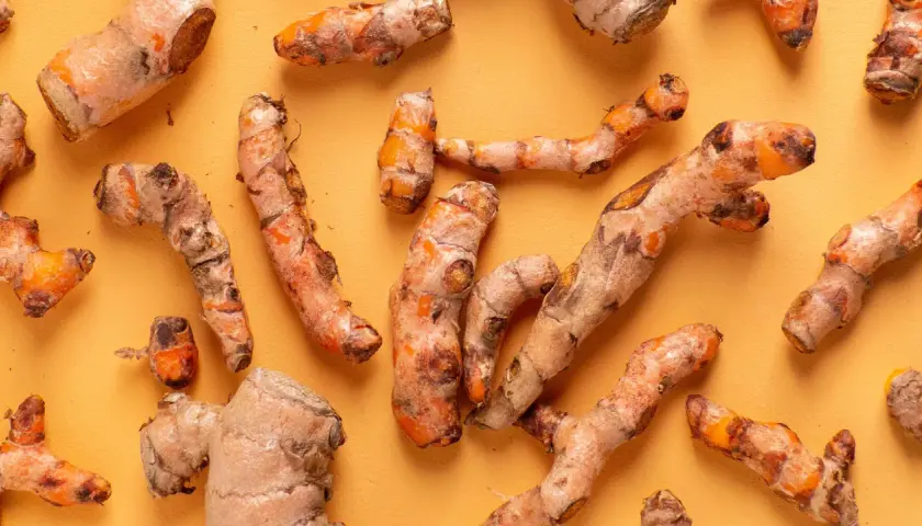 Frische Kurkumawurzeln, bekannt für ihre entzündungshemmende Kurkuma Wirkung, liegen auf einem orangefarbenen Hintergrund.