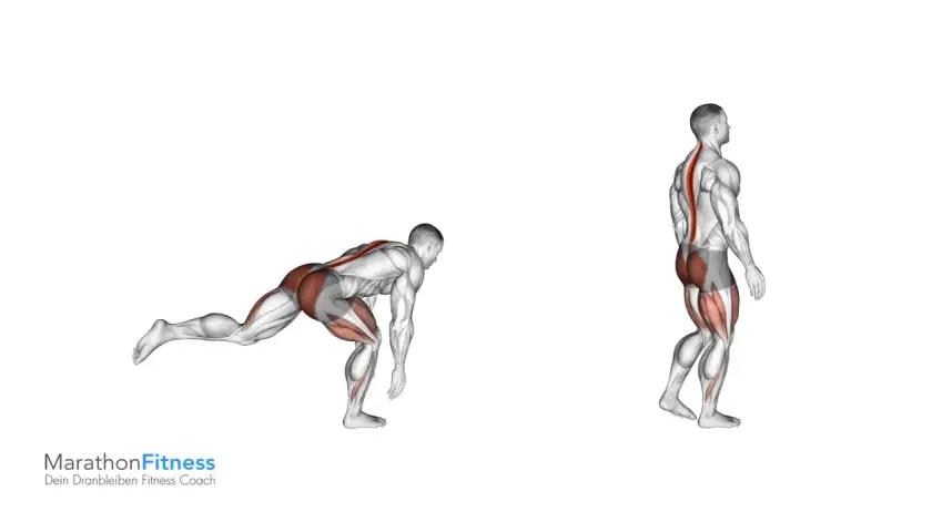 Mann führt Single Leg RDL aus, wobei die Muskeln hervorgehoben sind.