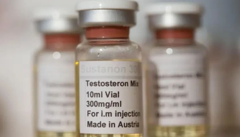 Vials of Sustanon 300, a Testosteron Mix, are shown. This substance is used for intramuscular injection and is made in Austria.