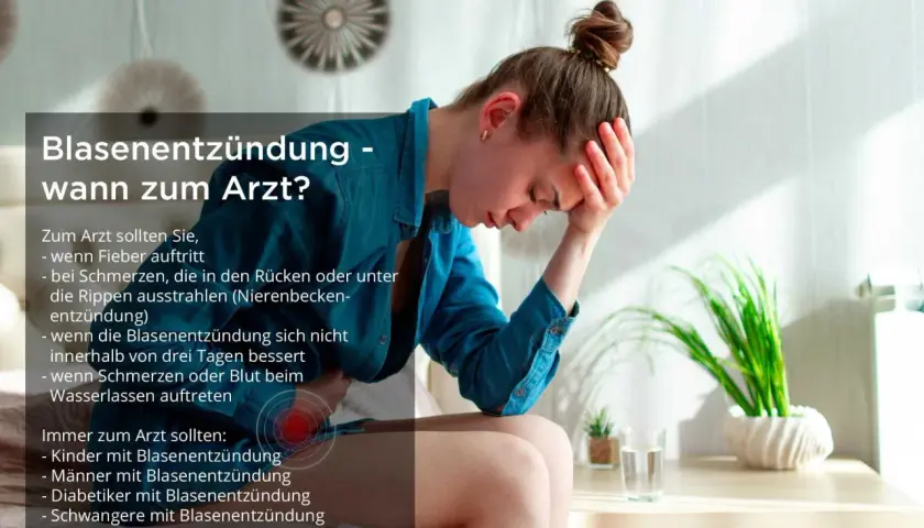 Junge Frau mit Hand am Kopf, leidet unter Schmerzen und Problemen beim Wasserlassen. Text erklärt, wann ärztliche Hilfe bei Blasenentzündung nötig ist.