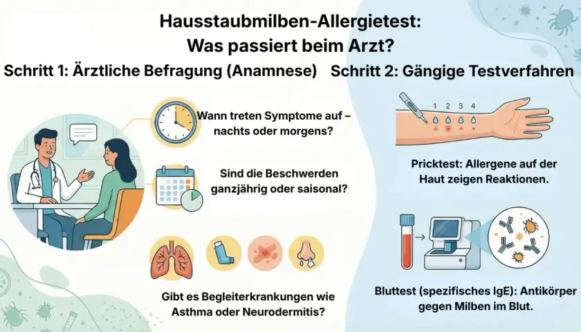 Arztgespräch und Tests (Pricktest, Bluttest) klären, was tun bei Hausstauballergie. Symptome, Dauer und Begleiterkrankungen werden erfragt.