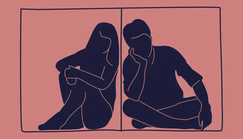 Zwei Silhouetten, Mann und Frau, sitzen Rücken an Rücken in einem Raum. Sie praktizieren den "silent treatment", jeder in seiner eigenen Welt.