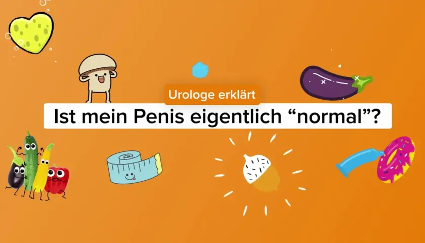 Urologe erklärt: Ist mein Penis eigentlich "normal"? Lustige Gemüsefiguren, ein Maßband und ein Kondom mit Donut.