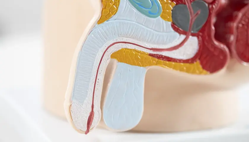 Anatomisches Modell zeigt den Penis mit einer roten Linie, die Blut im Sperma symbolisiert. Mögliche Ursache: Medikamente.