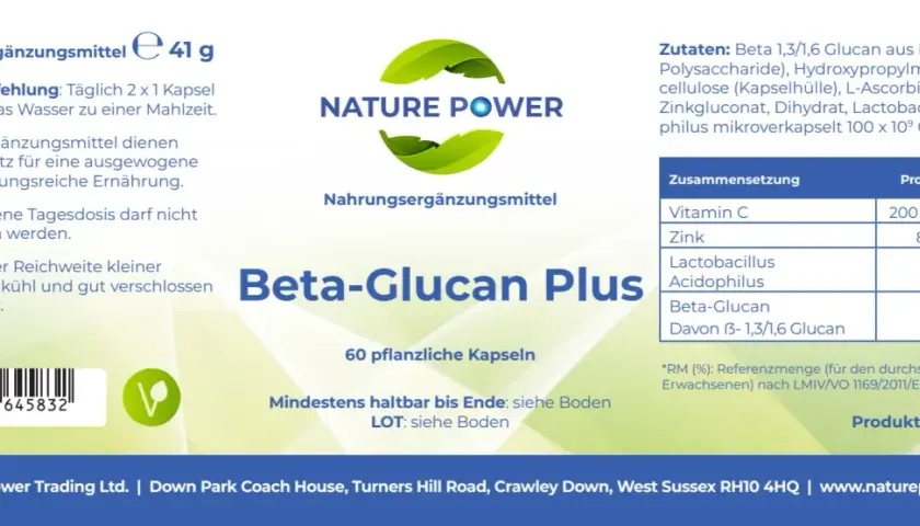 Nahrungsergänzungsmittel "Beta-Glucan Plus" mit 60 pflanzlichen Kapseln. Enthält Beta-Glucan aus Hefe, Vitamin C und Zink.