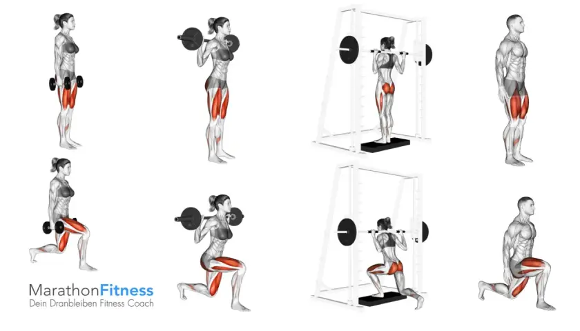 Frauen führen reverse lunges mit Hanteln und Langhantel aus. Männer machen Ausfallschritte im Smith Machine und mit Langhantel.